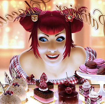 Cookies, delicious, tasty, girl, digital art, red hair, food, cake, 3d, face, , happy, redhead, eye HD wallpaper