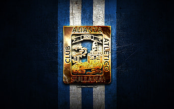 Alianza Atletico FC, golden logo, Liga 1 Apertura, blue metal background, football, peruvian football club, Alianza Atletico logo, soccer, Club Alianza Atletico Sullana HD wallpaper