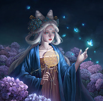 Fantasy girl, blue, night, frumusete, hydrangea, gorgeous, girl, purple, superb, earrings, hand fan, firefly, fantasy, arbor, flower, evantai, luminos, jewel HD wallpaper
