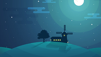 Night Hill, artist, artwork, digital-art, windmill, minimalist HD wallpaper