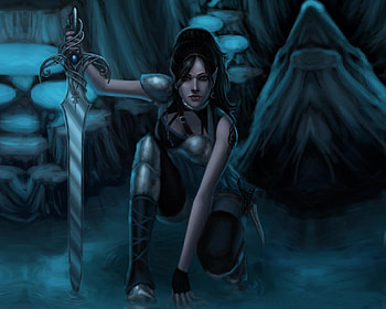 Tracking the Quarry, blue, dagger, sword, fantasy, elf ears, warrior, female HD wallpaper