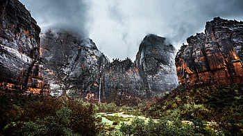 Zion Waterfall , waterfall, nature, mountains, sky, national-park HD wallpaper