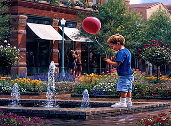 making a wish, garden, painting, boy, fountain, flowers, balloon, women, water, child, nicem window shopping HD wallpaper