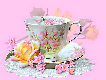 Tea and a rose, pink, teacup, gold rose, pink flowers, saucer HD wallpaper