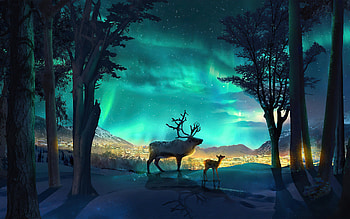 Deer at Aurora Borealis, trees, art, aurora borealis, deer HD wallpaper