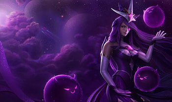 Star Guardian Syndra, domeano, star guardian, girl, purple, syndra, pink, fantasy, league of legends, game, luminos, cloud HD wallpaper