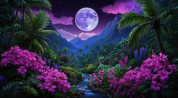 Lunar Bloom Jungle Under The Moonlight, moon, mountains, mountain, tree, trees, purple, flowers, flower, artist, artwork, art, digital-art, ai, deviantart HD wallpaper