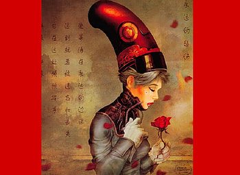 Estimable Hat, rose, fantasy, red, chinese, characters, oriental, hat, female HD wallpaper