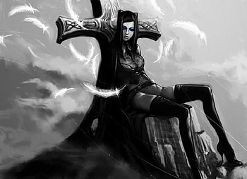 Re-l Mayer, feathers, cross, throne, thigh highs, ergo proxy, long hair, anime girl, anime, trench coat, female HD wallpaper