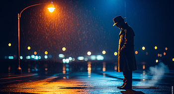 Midnight Noir: Lone Figure on Rainy Street —, Man, Silhouette, Street Light HD wallpaper
