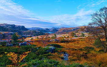 Prehistoric looking landscape on the way up Preikestolen, Norway, sky, hills, scandinavia, autumn, trees, clouds HD wallpaper