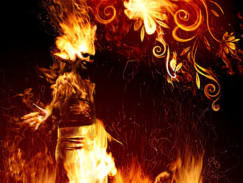 woman of flames, fantasy, flowers, flame, fire, woman HD wallpaper