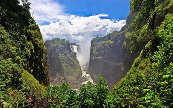Victoria Falls, Zambia, river, valley, clouds, trees, sky, mountains HD wallpaper