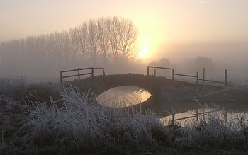 Sunrise, River, , Bridge, Fog, Frost, Landscape, Scenic, Stream HD wallpaper