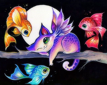 Hello Fairy Fish, love four seasons, wings, fantasy, cats, fairies, fish, paintings, moons HD wallpaper