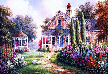 Elmira's Cottage, flowers, house, painting, gazebo, garden, trees HD wallpaper