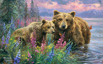 Lakeside Grizzlies, artwork, bears, river, cub, mom, sky, flowers, sunset, painting HD wallpaper