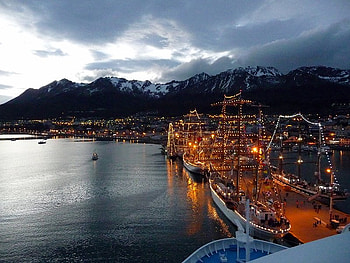 Ushuaia by Night, Argentina, sky, lake, land, boats HD wallpaper