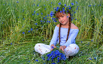 Beauty, blue, field, flower, green, girl, child HD wallpaper