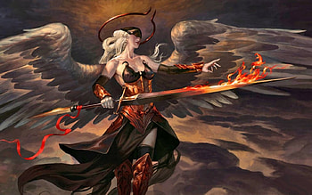Herald of Dawn, magic, sword, fantasy, angel, fire, dark HD wallpaper