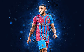 Memphis Depay, , FC Barcelona, 2021, dutch footballers, LaLiga, Barca, Barcelona FC, football, Memphis Depay , blue neon lights, soccer, Memphis Depay Barcelona, La Liga, FCB HD wallpaper