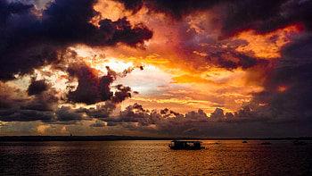 Sea, sunset, boat, clouds, nature HD wallpaper