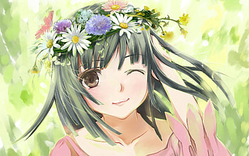 Anime, Girl, Hair, Wreath, Brunette, Joy HD wallpaper