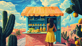 Refreshing Moments: A Lemonade Stand Adventure, lemonade stand, desert landscape, cactus, vibrant colors HD wallpaper