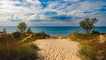 Indiana Dunes State Park, Lake Michigan, sand, trees, clouds, sky, usa HD wallpaper