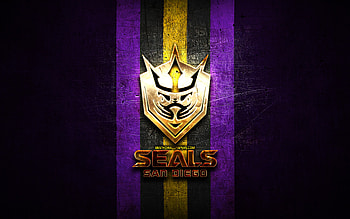 San Diego Seals, golden logo, NLL, violet metal background, american lacrosse team, San Diego Seals logo, National Lacrosse League, lacrosse HD wallpaper