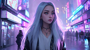 Silver Haired Girl In A Neon City, scifi, neon, artist, artwork, digital-art HD wallpaper