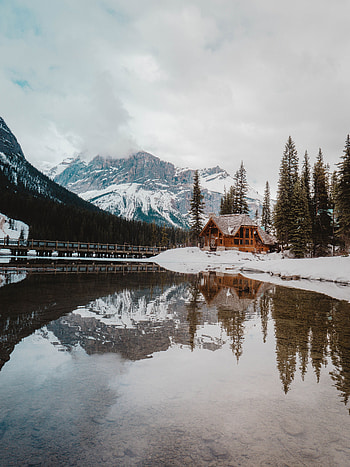 Landscape, Nature, Mountains, Snow, Lake, Small House, Lodge HD phone wallpaper