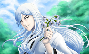 Ukitake Joushirou, silver hair, long hair, shinigami, bleach, joushirou, flower, soul reaper, , male, handsome, sexy, hot, soul society, joushirou ukitake, close up, boy, anime, white hair, cool, guy HD wallpaper