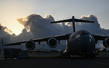 Boeing C-17 Globemaster III, American military transport aircraft, evening, sunset, military airfield, USAF, C-17, american military aircraft, Boeing HD wallpaper