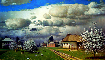 The Approach, dog, ducks, clouds, trees, road, houses, woman, storm HD wallpaper