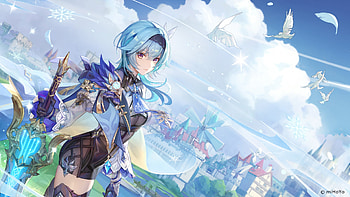 Blue Hair Eula Clouds Sky Background Genshin Impact HD wallpaper