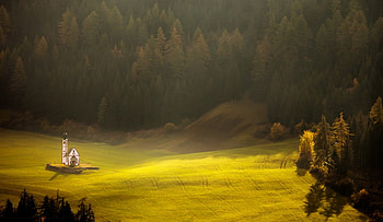 Sublime Light On The Chapel Of Dolomite Mountains, meadows, Alps, temple, morning light, beautiful, Italy, grass, green, trees, forest HD wallpaper