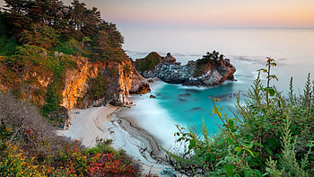 McWay falls, waterfall, bay, rocks, beach, ocean, Big Sur, sea, fall, beautiful, sands, California HD wallpaper