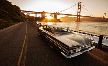 Cruising Cadillac, cadillac, caddy, car, bridge, , vintage, sanfrancisco, landmark HD wallpaper