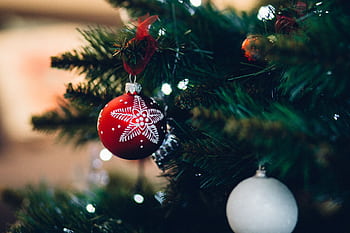 Festive red ornament with snowflake design hanging on a Christmas tree branch. HD wallpaper