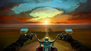 Land of the winds, art, motorcycle, orange, summer, fantasy, yellow, luminos, road, artem chebokha, vara, sunset HD wallpaper
