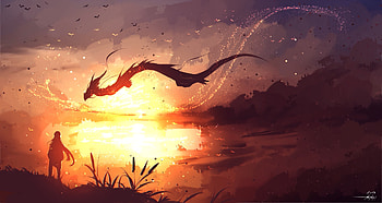 Sunrise Dragon, morning, girl, orange, sunrise, fantasy, yellow, dragon, ryky, luminos, water HD wallpaper