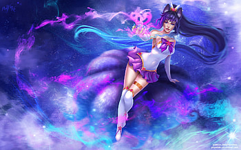 Star Guardian Ahri, blue, pink, fantasy, prywinko, ahri, star guardian, girl, luminos HD wallpaper