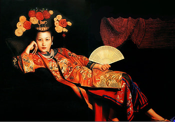 Concubine, asian, red, girl, evantai, odalisque, art, jewel, hand fan, painting, pictura HD wallpaper