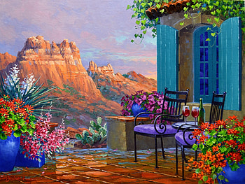 Shimmering Majesty, terrace, artwork, table, chair, painting, flowers, mountains HD wallpaper