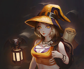 Witch, dao le trong, art, bat, girl, halloween, fantasy, yellow, luminos, lantern, hat HD wallpaper