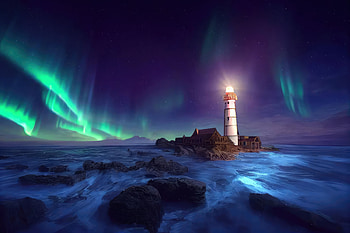 Polar Lighthouse Aurora, lighthouse, artist, artwork, digital-art, nature, aurora HD wallpaper