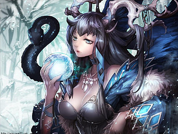 Necromancer, orginal, magic, fantasy, devil, horn, girl, long hair HD wallpaper