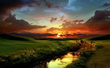 Landscape, Rivers, Sunset, Grass, Sky, Art , Clouds HD wallpaper