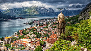 Bay of Kotor, Dinaric Alps, Montenegro, town, clouds, landscape, mediterranean, sky, water, houses, church HD wallpaper